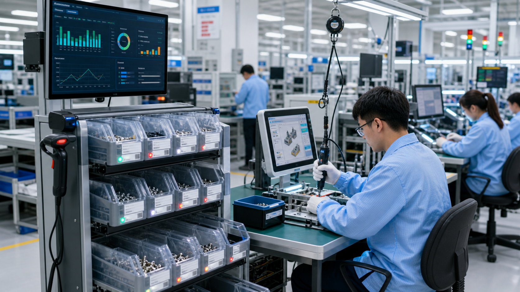 Modern electronics assembly line with connected tools and point-of-use fastener bins